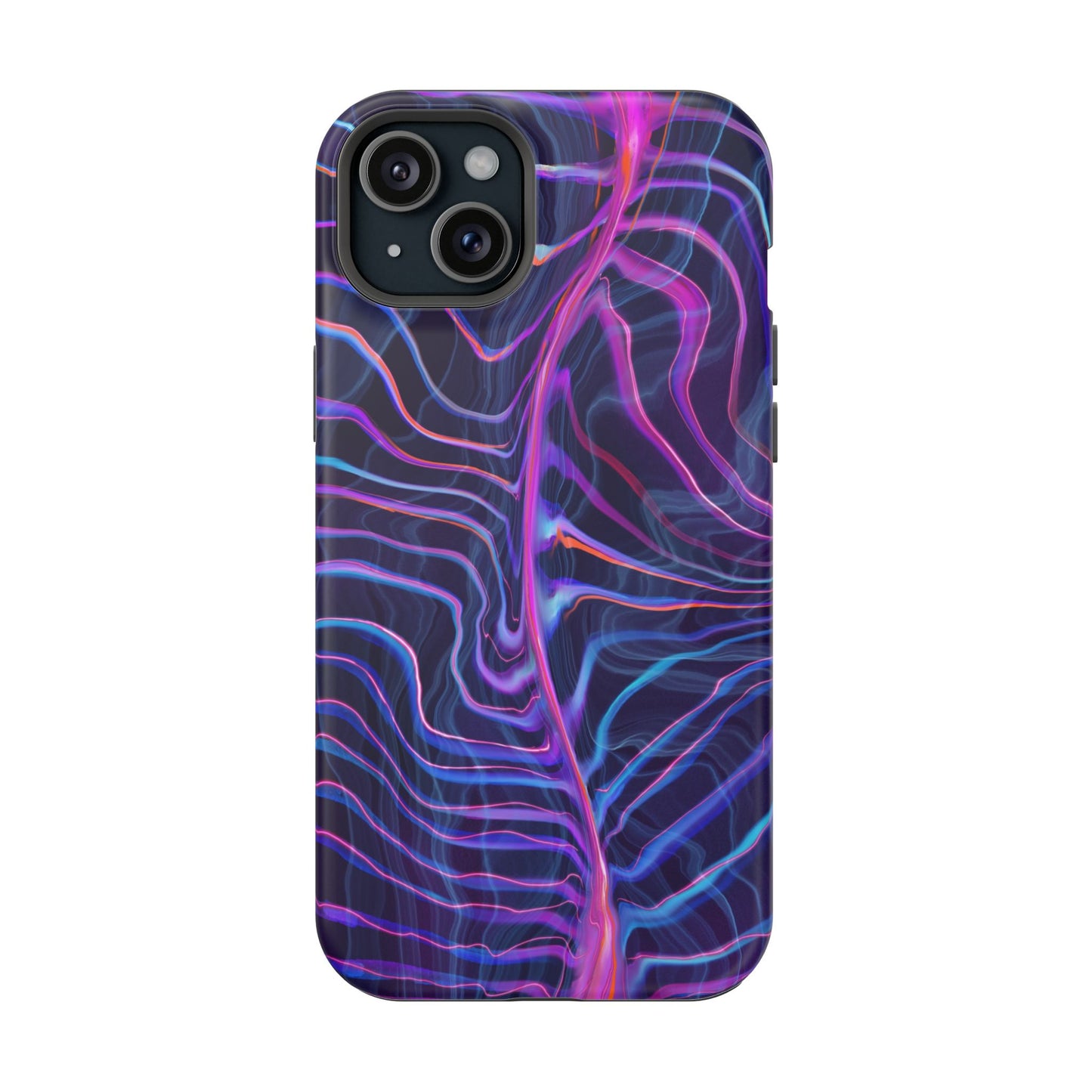 The back of the Electric Wave Magnetic Tough Case for iPhone with a vibrant psychedelic pattern featuring shades of blue and purple.