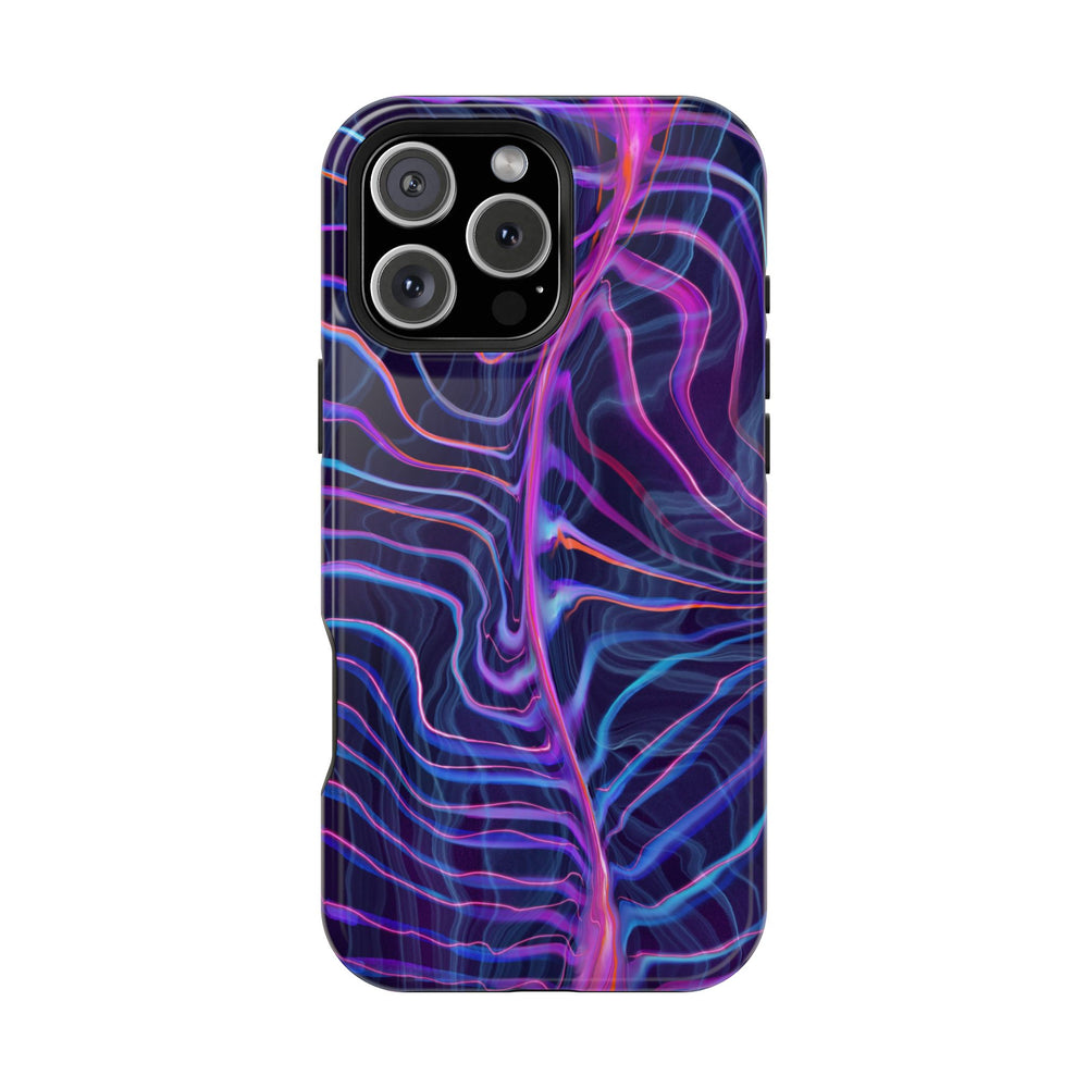 The back of the Electric Wave Magnetic Tough Case for iPhone which has a swirling vibrant psychedelic painting featuring shades of blue and purple.