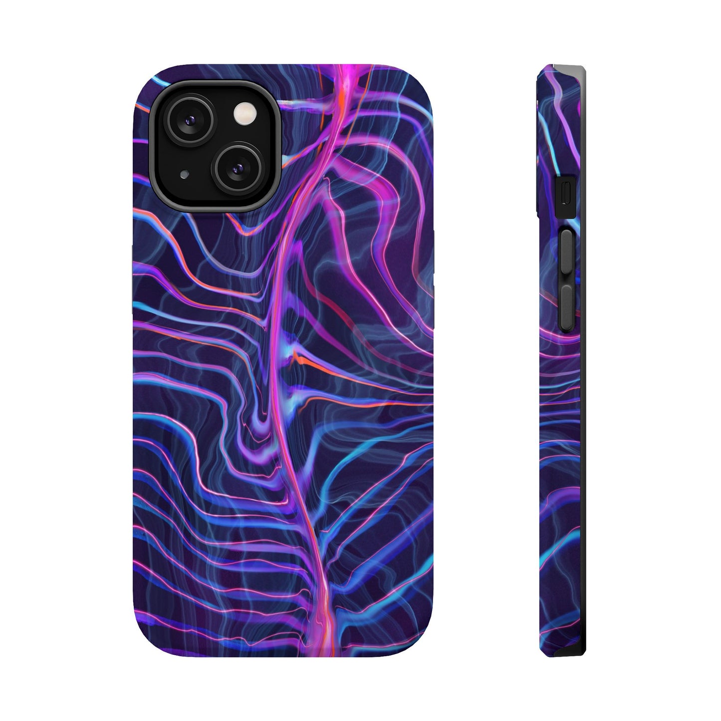 A phone case with a vibrant geometric pattern featuring shades of blue and purple.