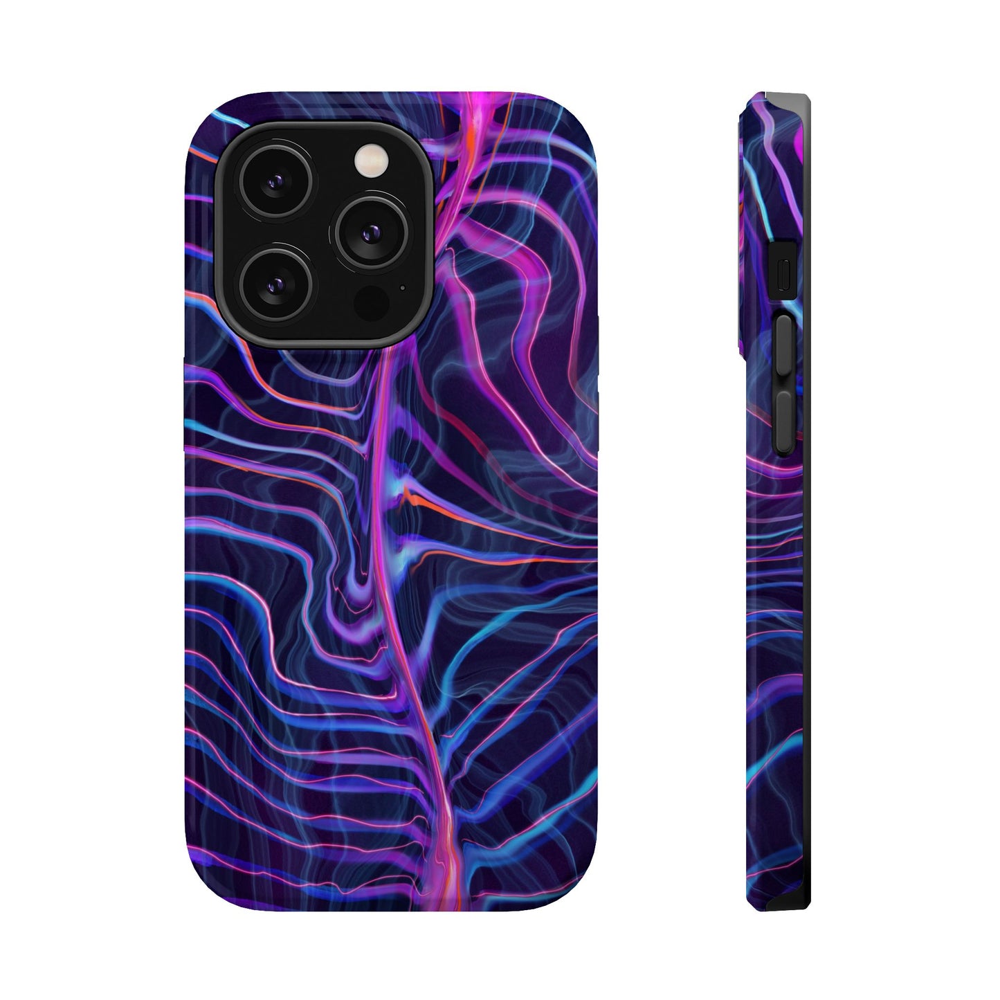 Electric Wave Magnetic Tough Case for iPhone with a vibrant psychedelic pattern featuring shades of blue and purple.