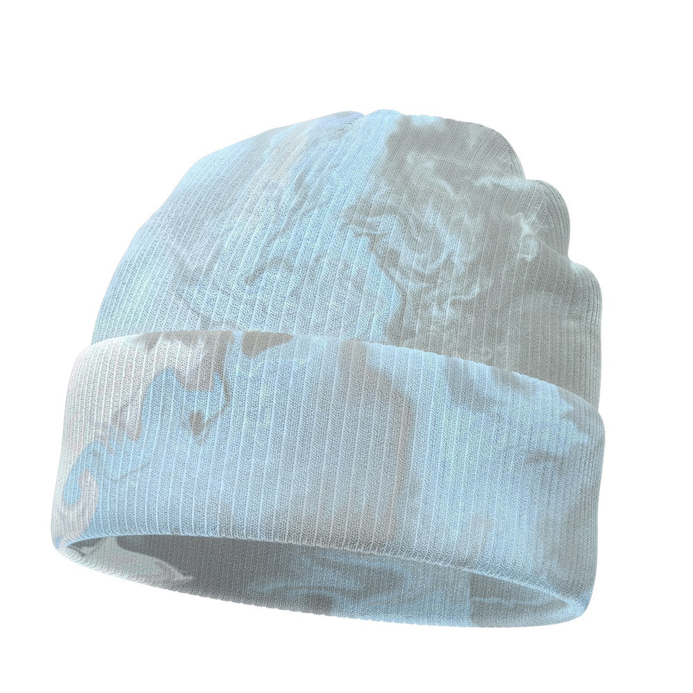 Light blue beanie with subtle pattern on a white background