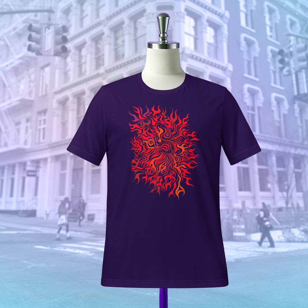 Purple t-shirt with red flame-like design called Clarity on a mannequin against cityscape background of SoHo NYC