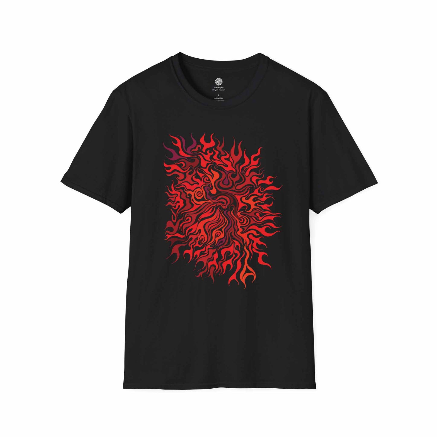 Black t-shirt with the bold red and orange flame-like abstract design called Clarity by Bryan Dodson on a white background