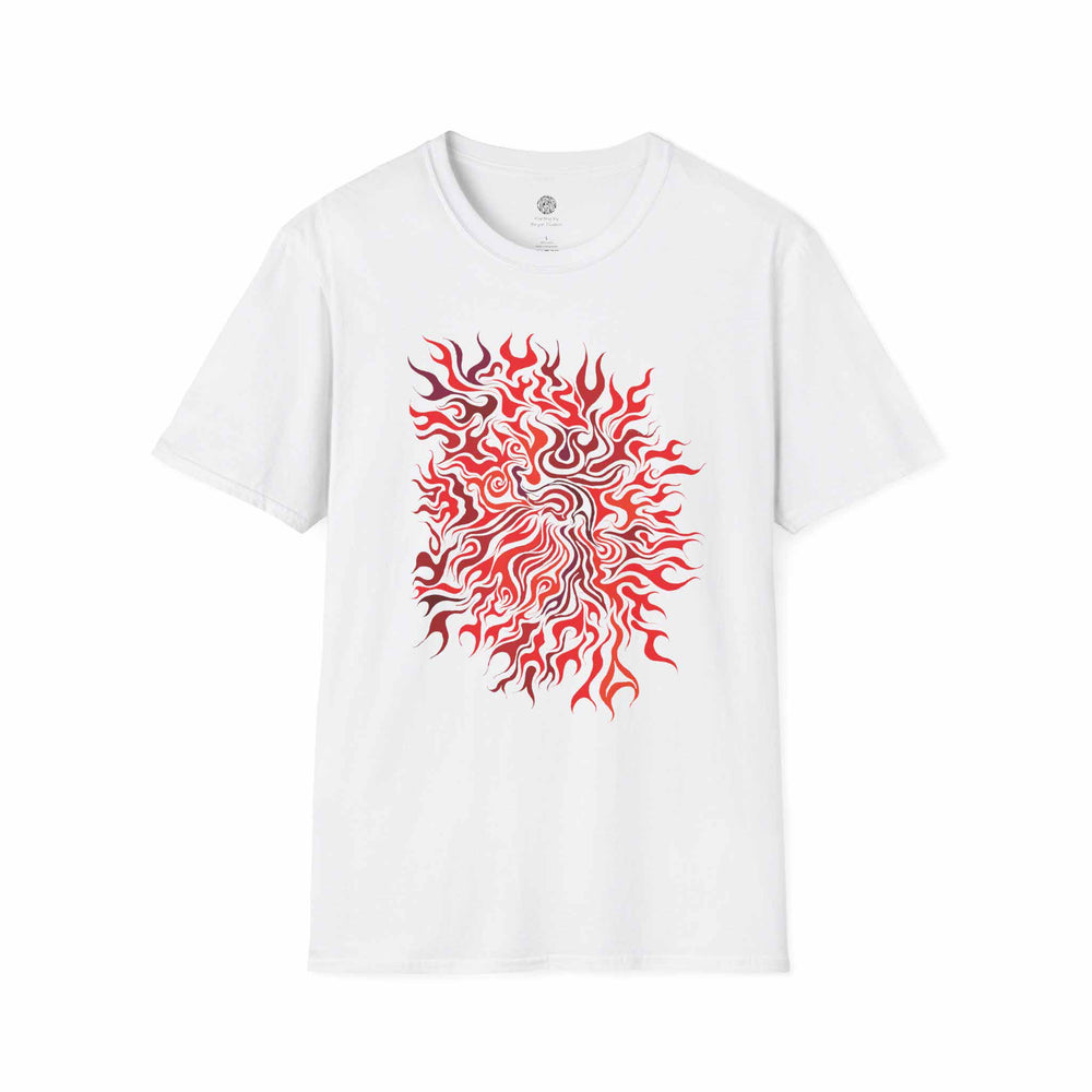 Crisp white t-shirt with red abstract design called Clarity by Bryan Dodson on a white background