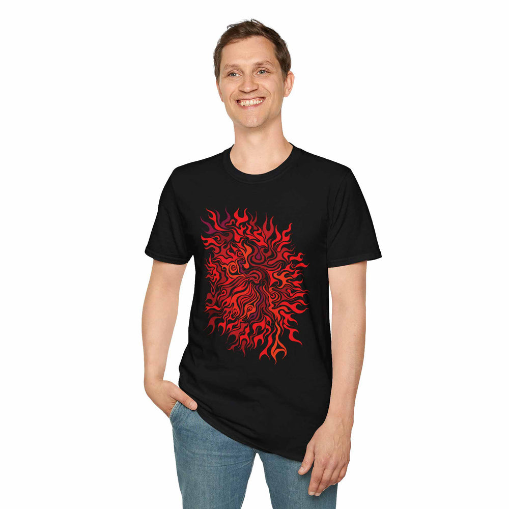 Person wearing the black version of the Clarity t-shirt with a red flame-like design on a white background