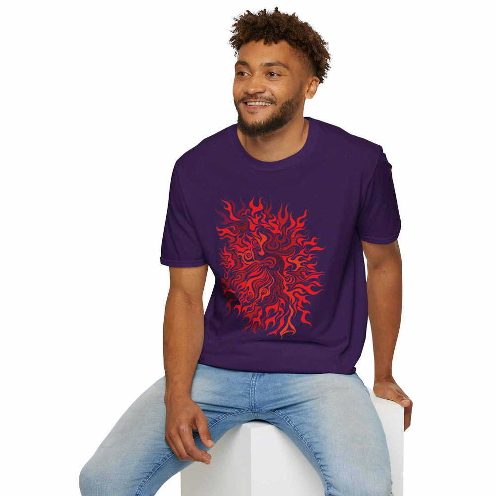 Man wearing a deep purple t-shirt with the red flame-like abstract design called Clarity on a white background