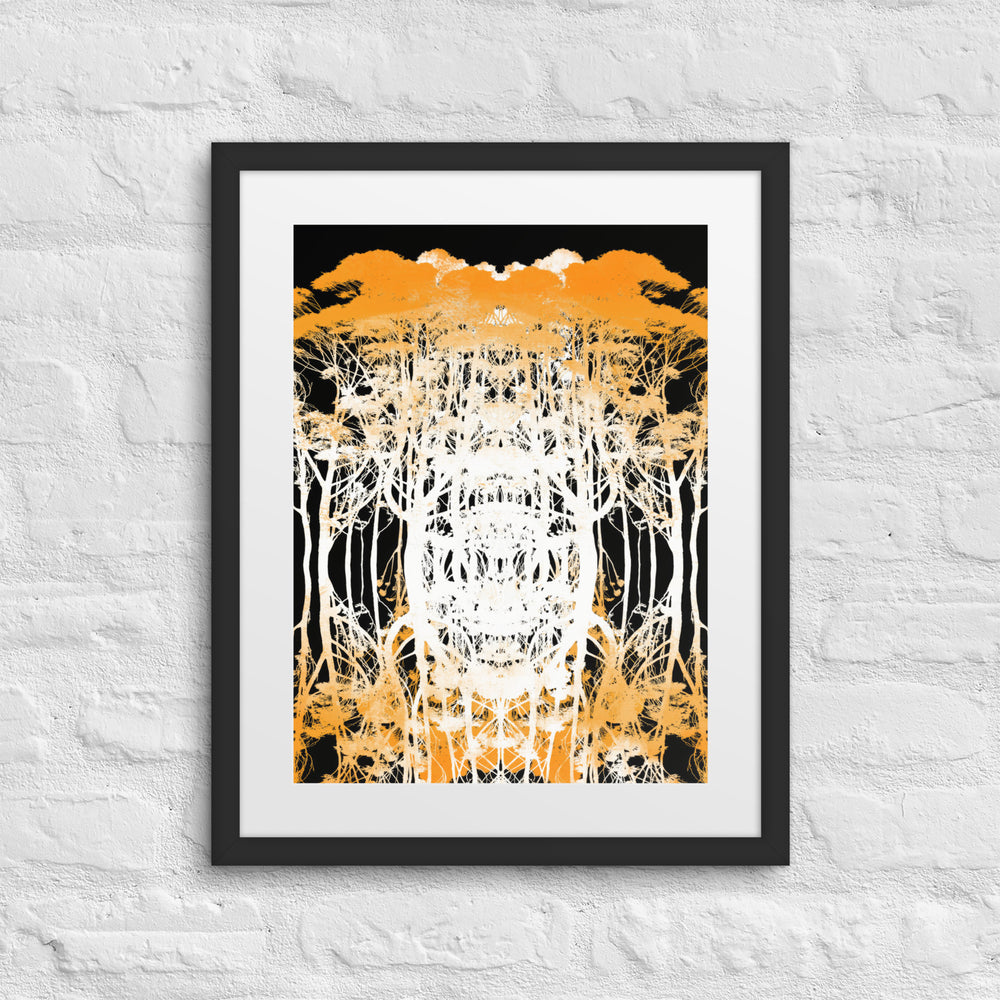 Delicate Trees Orange by Michelle Penland Dodson, Framed Art Print on Paper with Mat, hanging on a brick wall 16x20