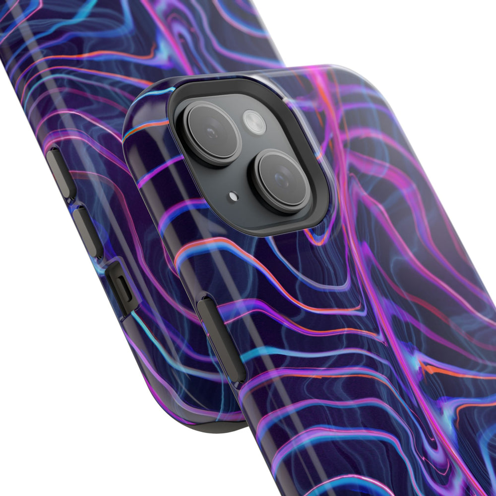 Showing case on an iPhone. Electric Wave Magnetic Tough Case for iPhone – Vibrant, Durable Protection with a Sleek Design.