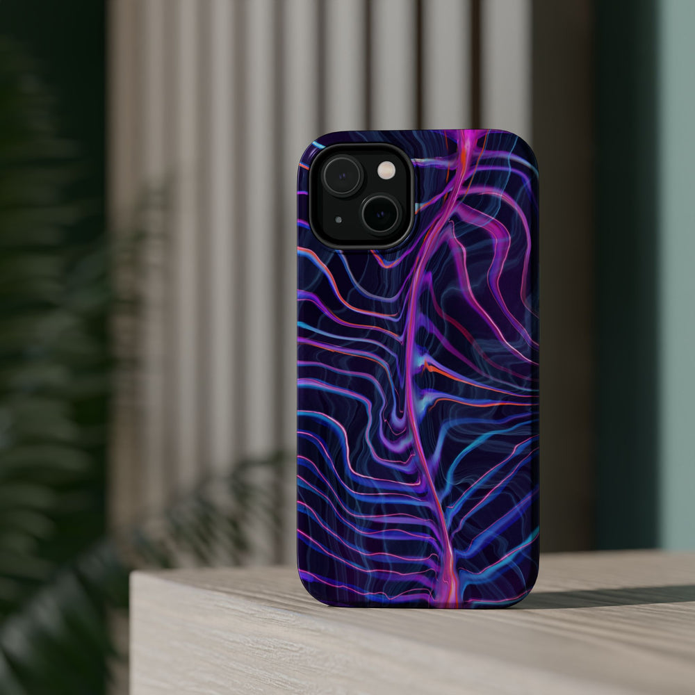Electric Wave Magnetic Tough Case for iPhone – Vibrant, Durable Protection with a psychedelic colorful design sitting on a desk.