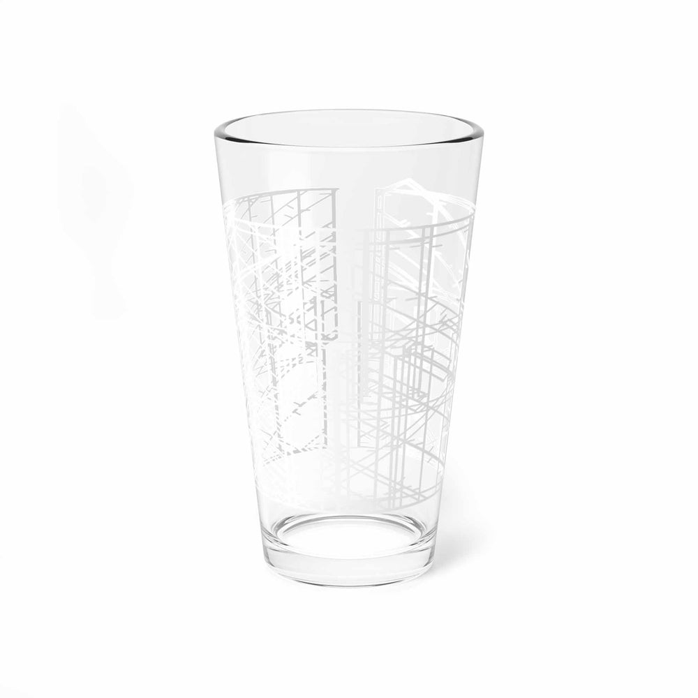 Side view of clear glass with white geometric pattern on a white background