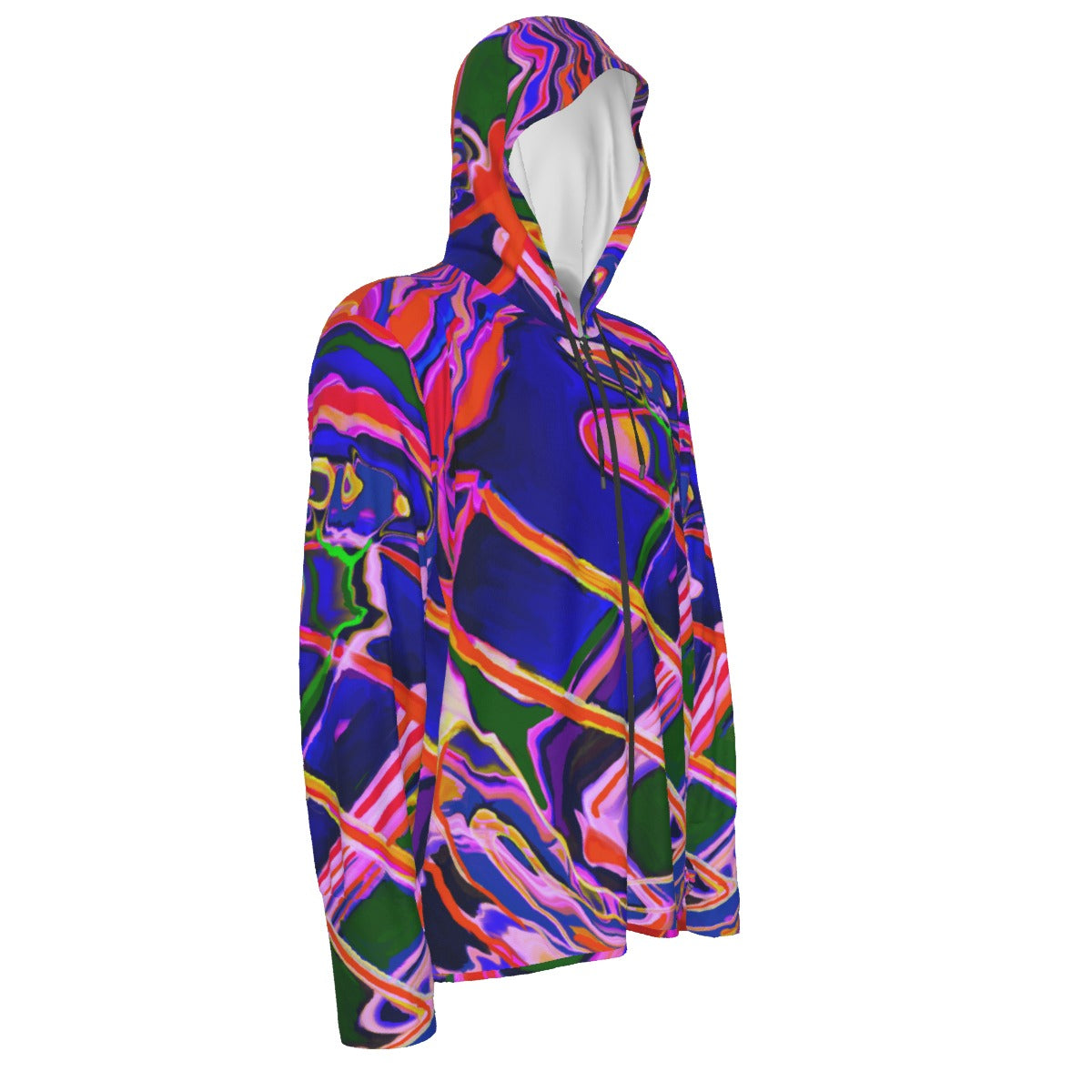 Side view of a colorful psychedelic abstract patterned sun protection hoodie on a white background