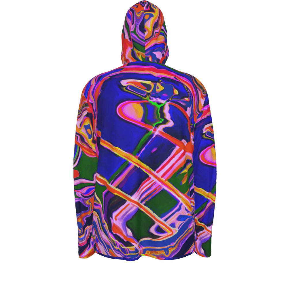 Back of a colorful psychedelic abstract patterned sun protection hoodie on a white background
