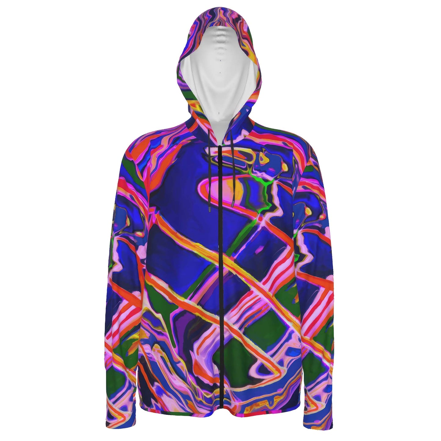 Colorful psychedelic abstract patterned sun protection hoodie on a white background