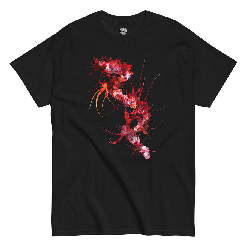 Black t-shirt with a red and white painterly design on a white background