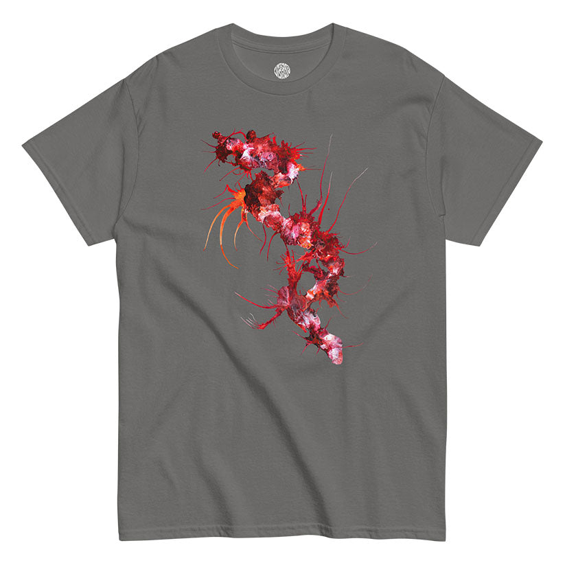 Charcoal gray t-shirt with a red and white painterly design on a white background
