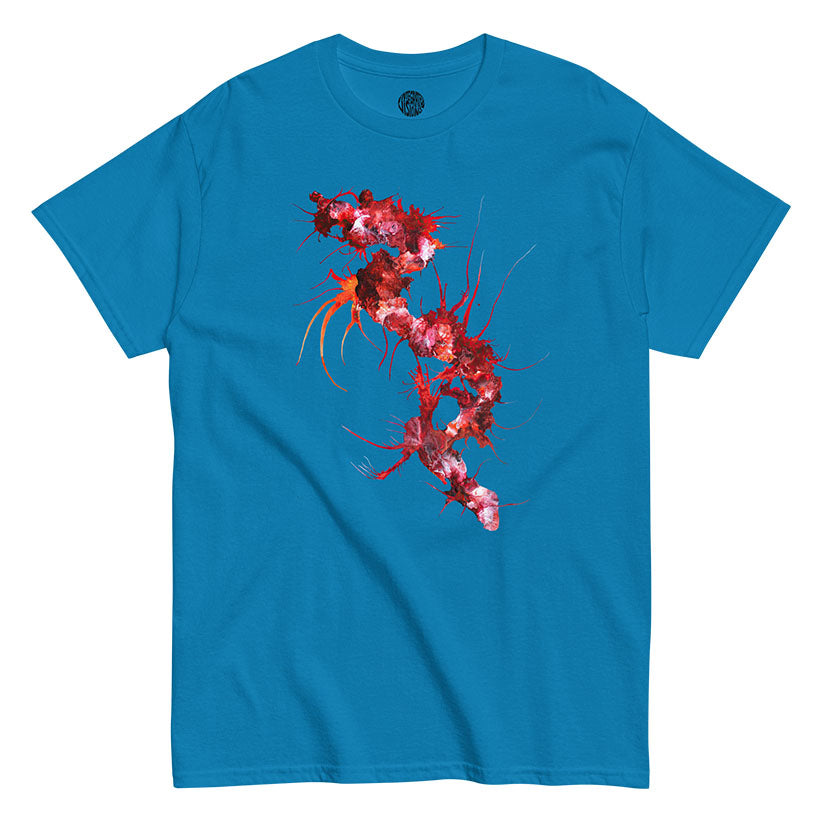 sapphire blue t-shirt with a red and white painterly design on a white background
