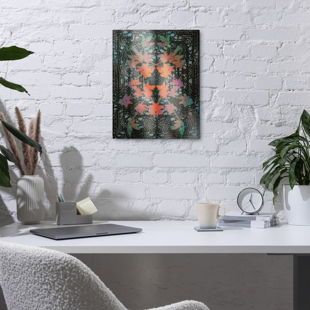 Leafy Branch by Michelle Penland Dodson Art Print on Metal 16x20 on a wall above a desk.