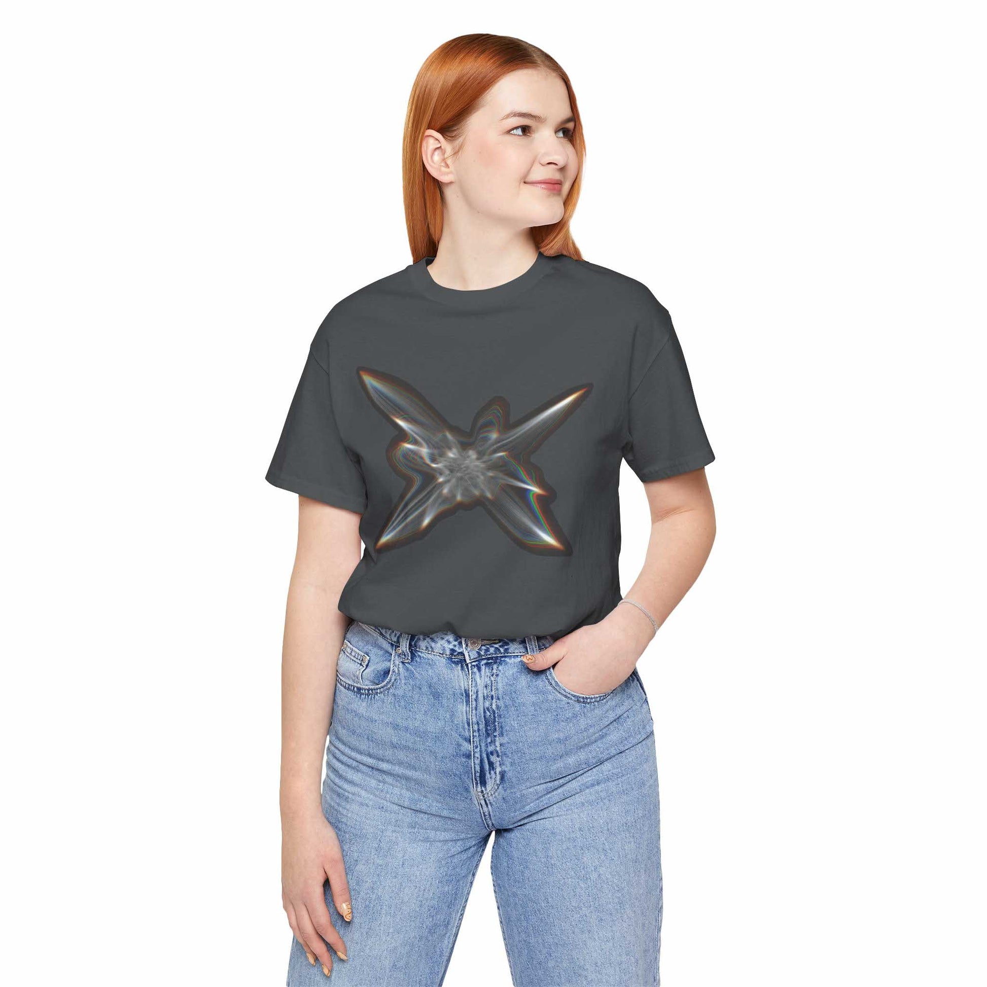 A woman wearing the Light Within graphic t-shirt in Asphalt color.
