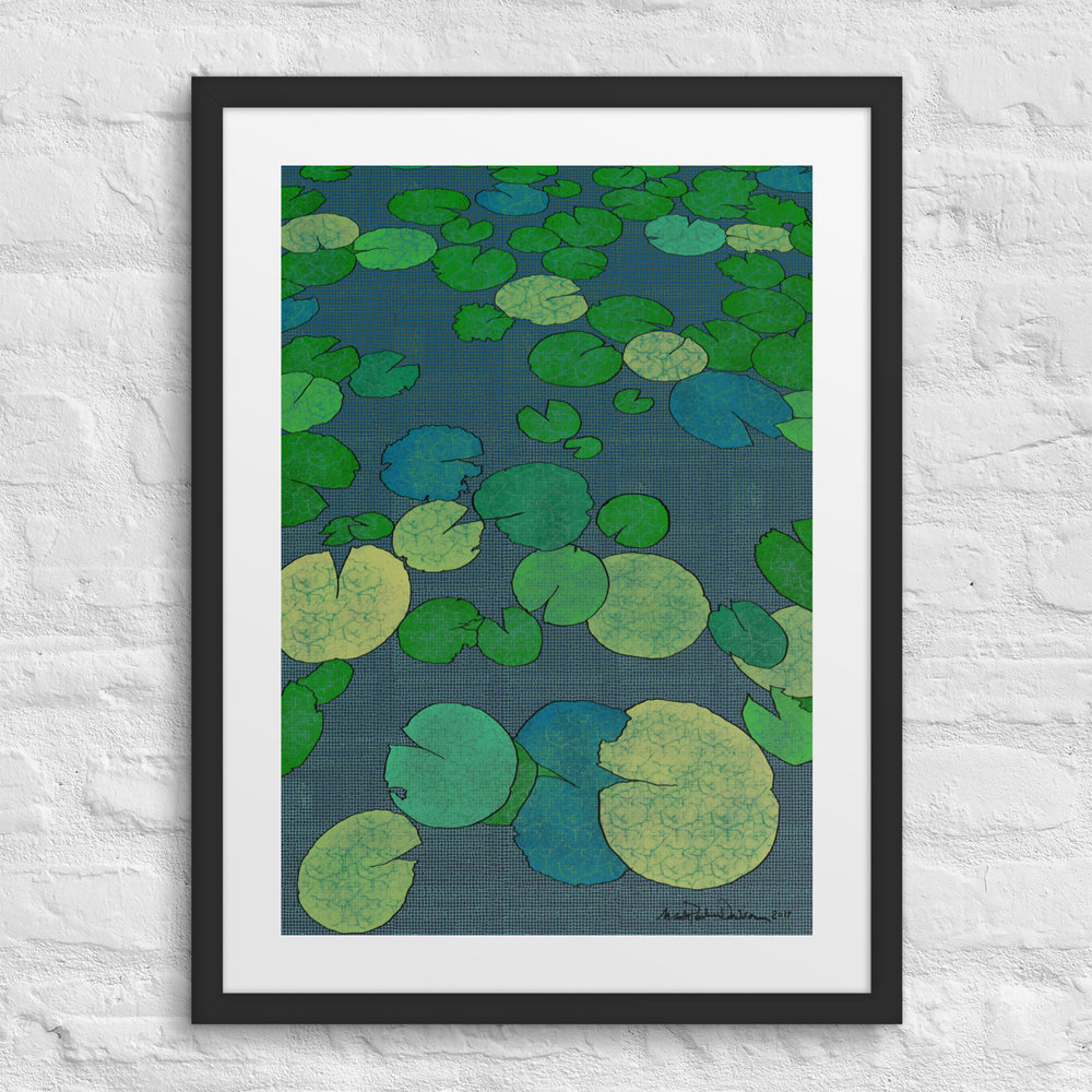 Lily Pads Connections by Michelle Penland Dodson Framed Art Print on Paper 18x24 inches with brick background.