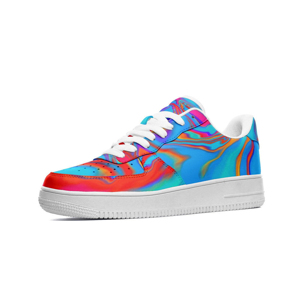 Left shoe of psychedelic trippy and colorful Low Top Leather Sneakers with Abstract Improvisation