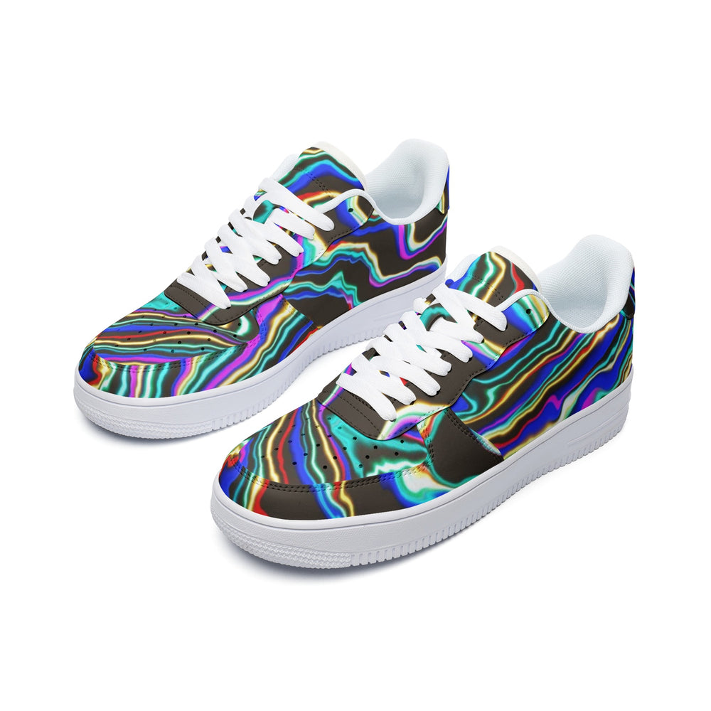 Angled view of Low Top Leather Sneakers with Colorful Dark Abstract