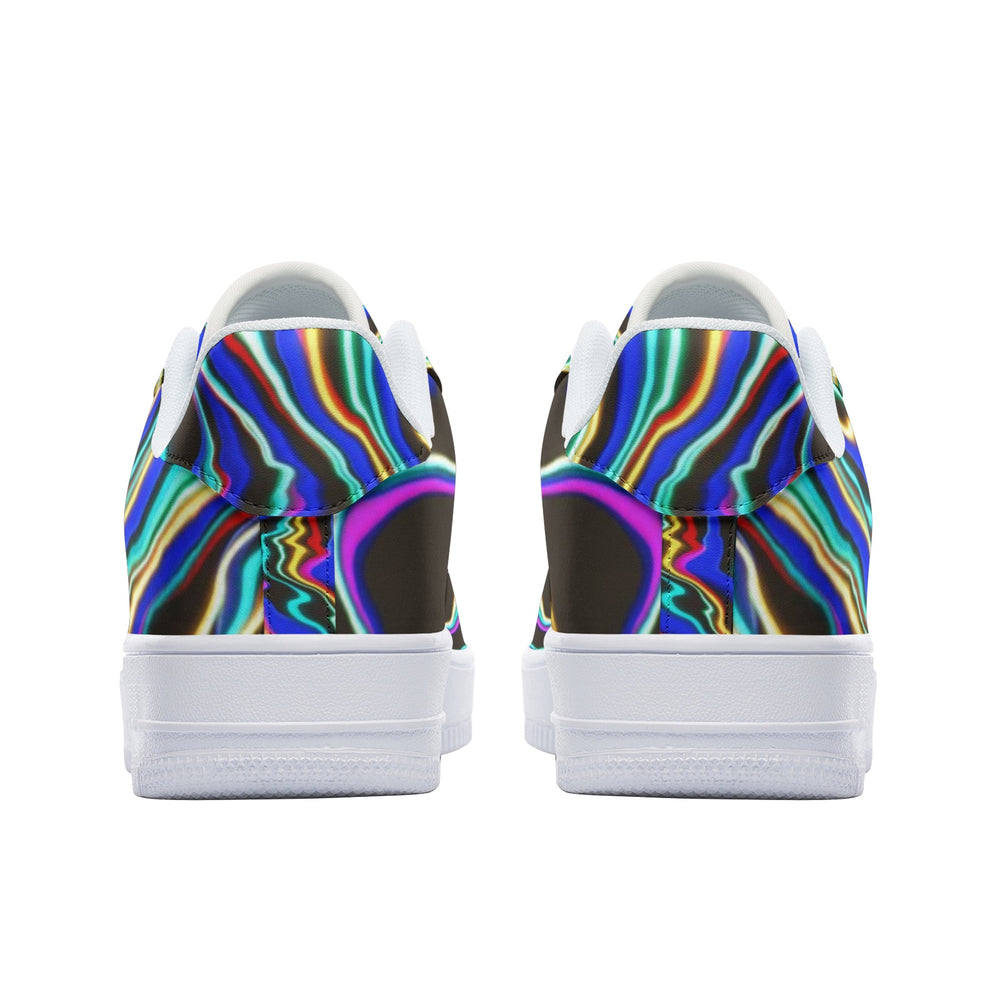 Back view of shoes called Low Top Leather Sneakers with Colorful Dark Abstract