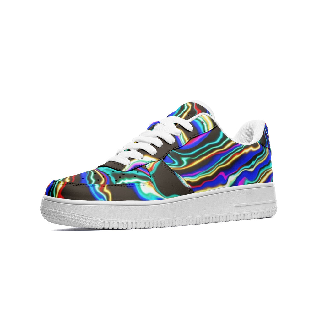 Left shoe from pair of Low Top Leather Sneakers with Colorful Dark Abstract