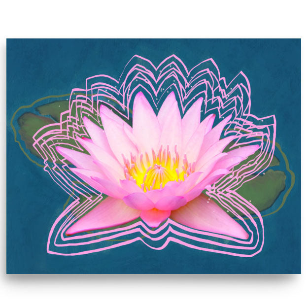 Painting of a pink lotus on a blue background