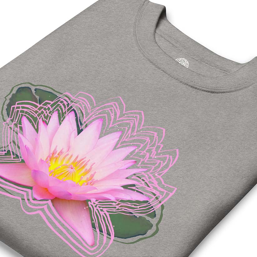 Gray Integrated Visions t-shirt with a pink lotus flower design on a white background