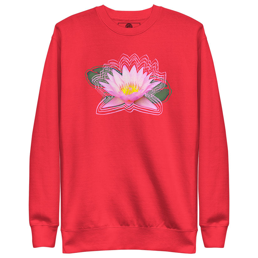 Vibrant Team Red sweatshirt with a pink lotus flower design on a white background