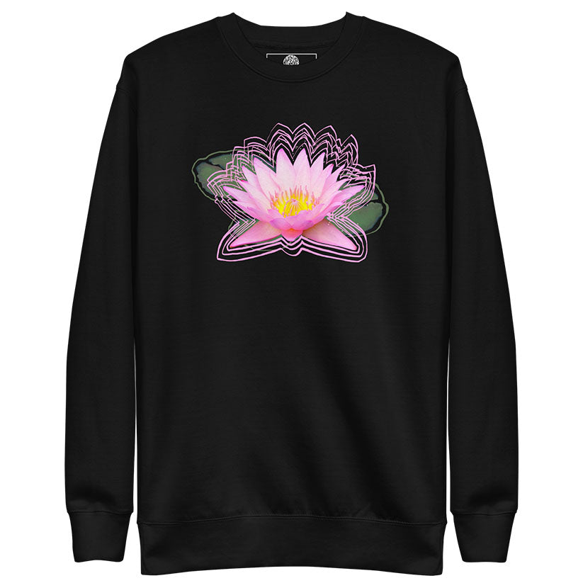 Black sweatshirt with a pink lotus flower design with Integrated-Visions inner label on a white background