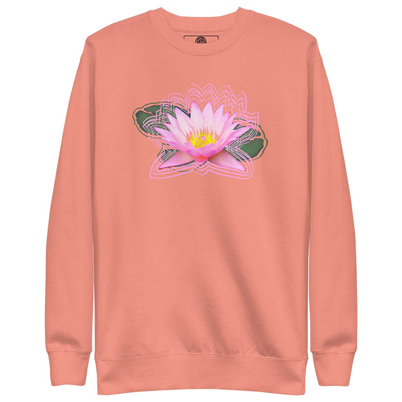 Dusty Rose sweatshirt with a pink lotus flower design with Integrated-Visions inner label on a white background