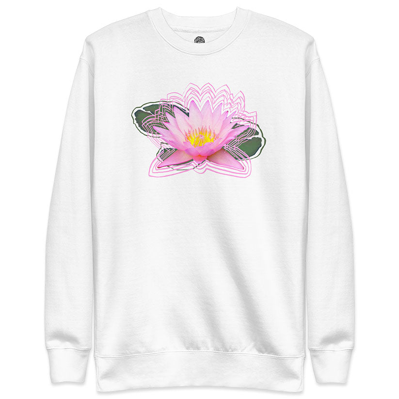 White sweatshirt with a pink lotus flower design on a white background