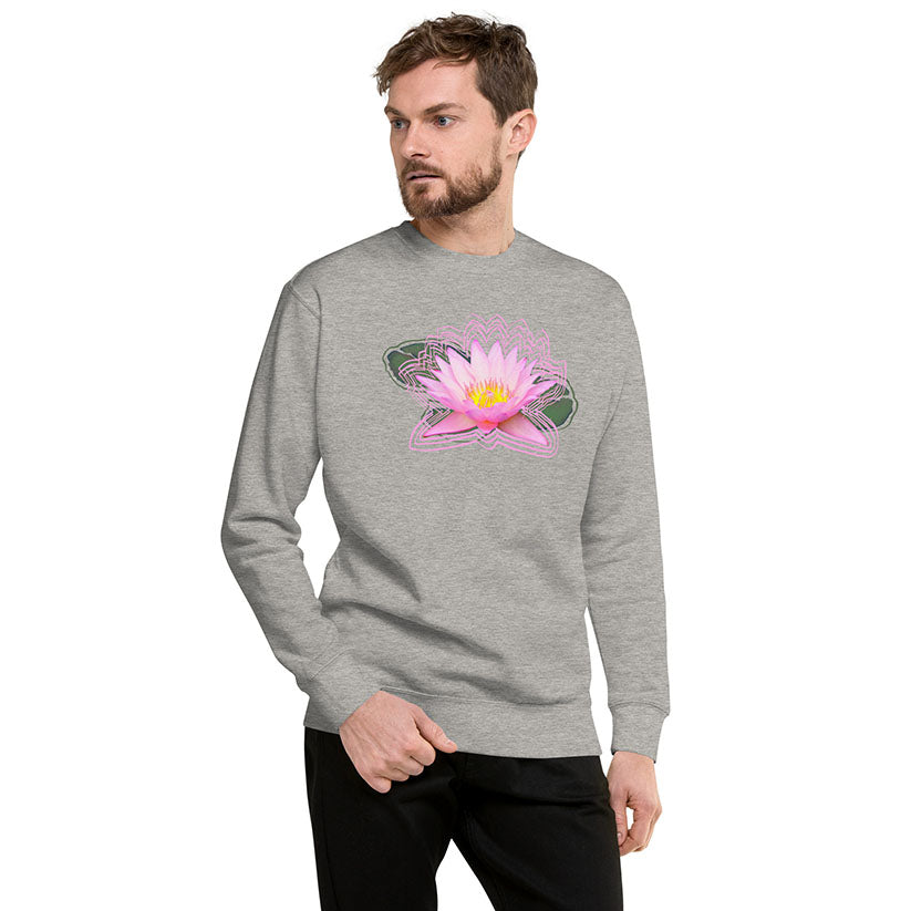 Man wearing a gray sweatshirt with a pink flower design on a white background