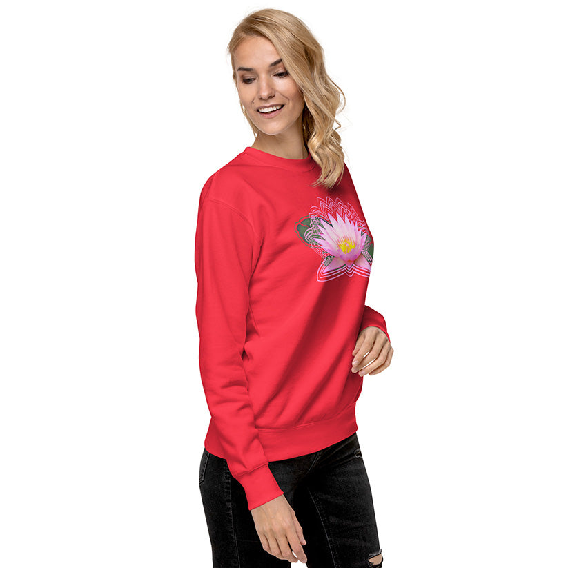 Woman wearing a red sweatshirt with a colorful flower design on a white background