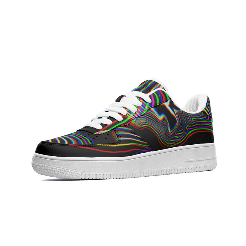 One sneaker with colorful Electric Pulse abstract design on a white background