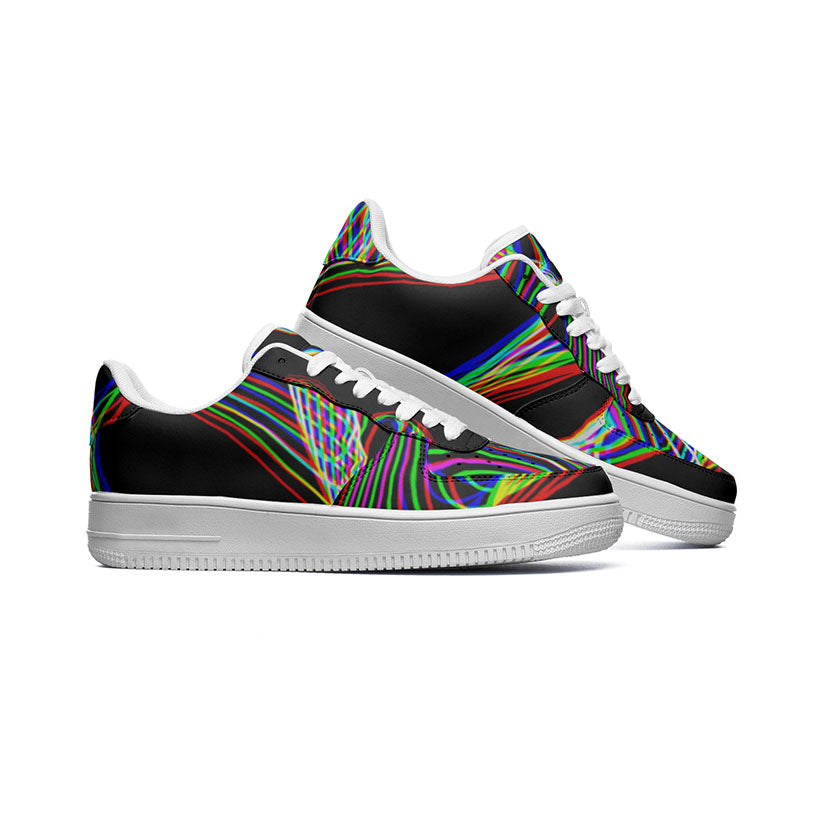 Pair of sneakers with unique Electric Pulse abstract design arranged on a white background