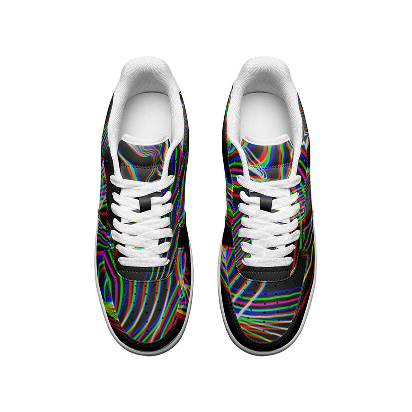 Looking down at pair of sneakers with colorful Electric Pulse abstract design on a white background