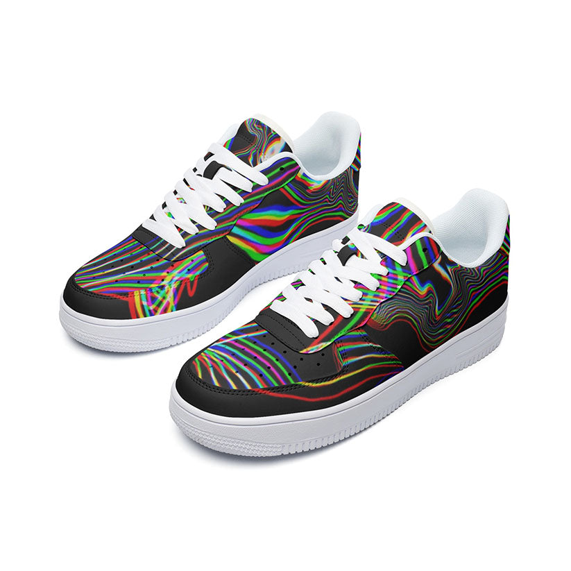 Pair of sneakers with colorful Electric Pulse abstract design on a white background