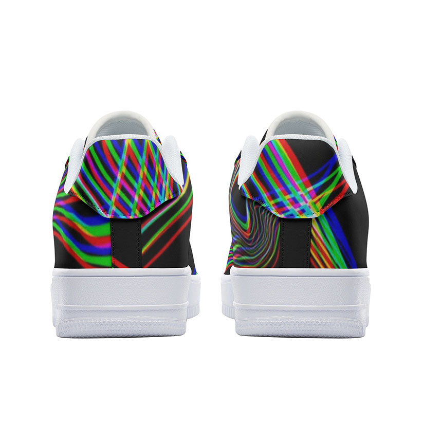 The back of a pair of sneakers with colorful Electric Pulse abstract design on a white background showing the asymmetrical pattern on the heels