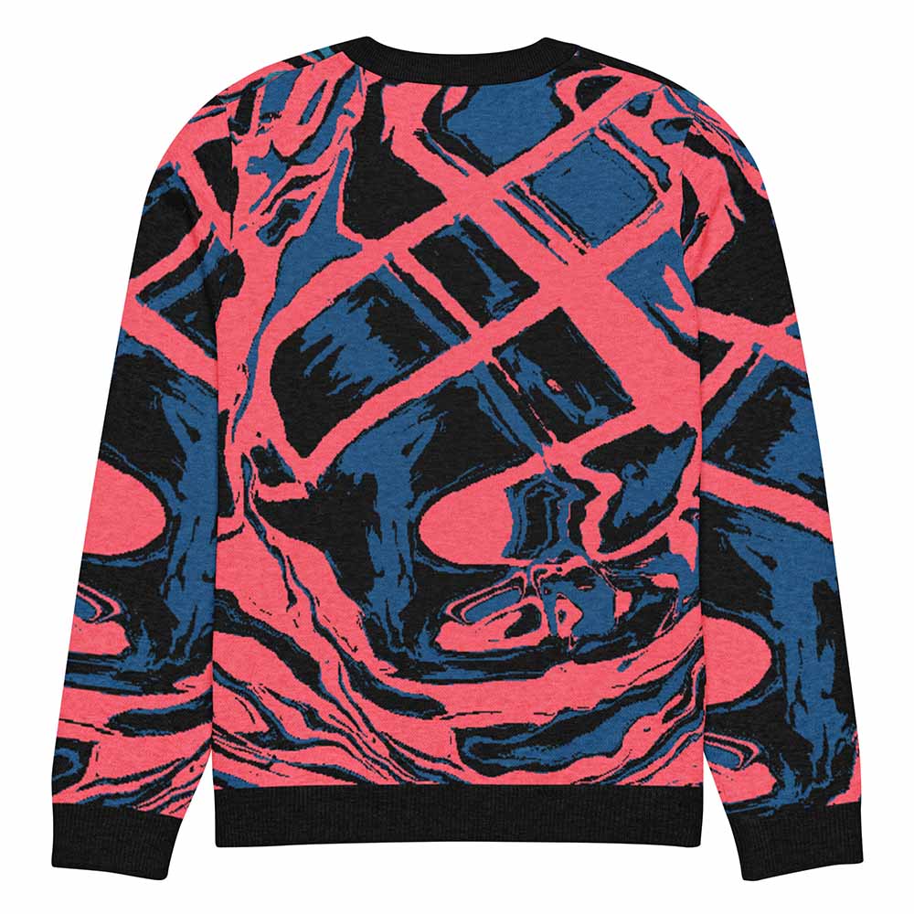 Back of knitted sweater with abstract design in pink, blue, and black on a white background