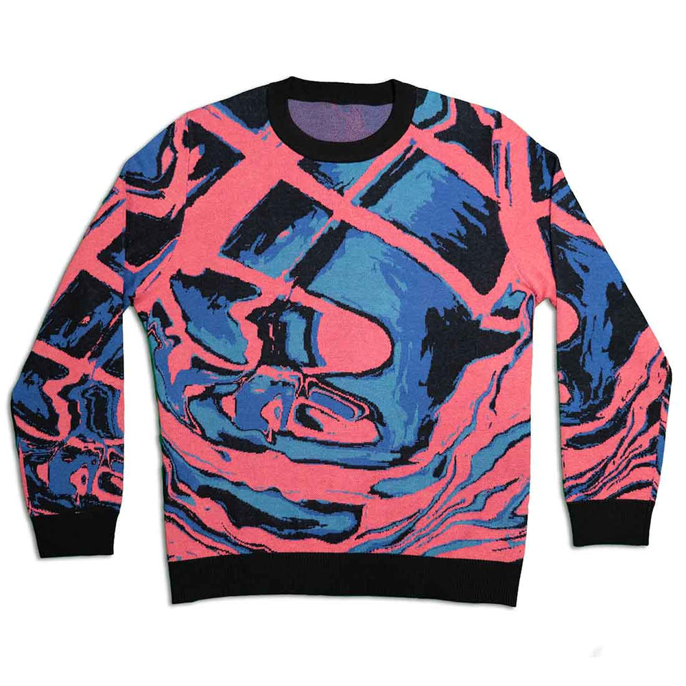 Another front view of psychedelic knitted sweater with abstract design in pink, blue, and black on a white background