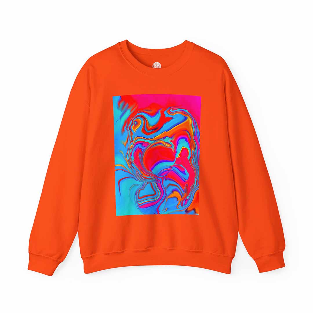 Orange sweatshirt with a colorful abstract design on a white background
