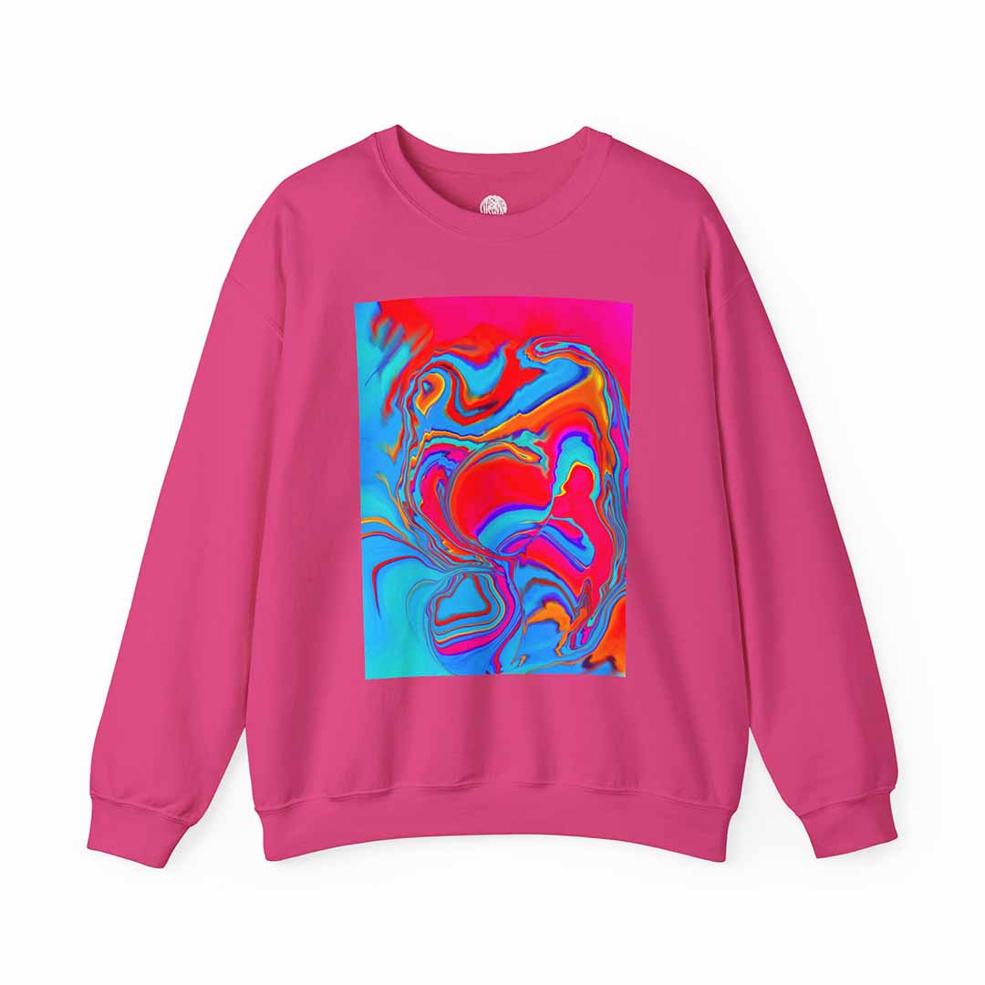 Pink sweatshirt with a colorful abstract design on a white background