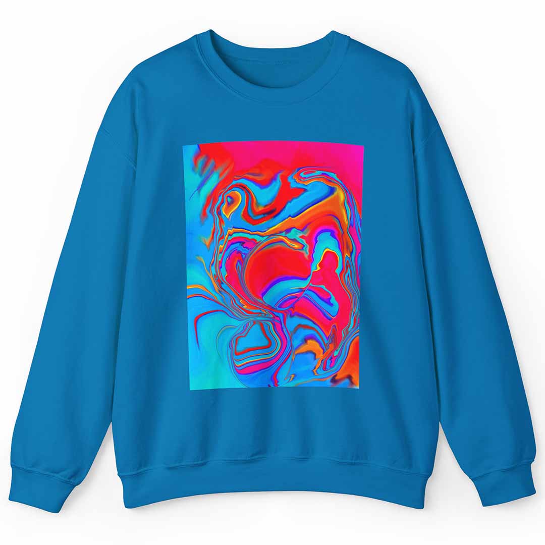 Blue sweatshirt with a colorful abstract design on a white background
