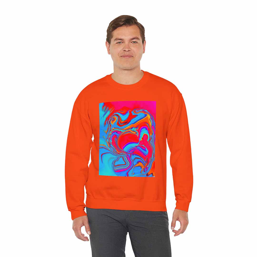 Man wearing an orange sweatshirt with a colorful abstract design on a white background