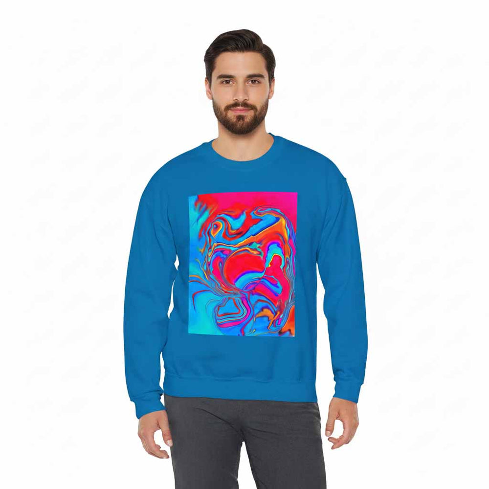 Man wearing a blue sweatshirt with a colorful abstract design on a white background