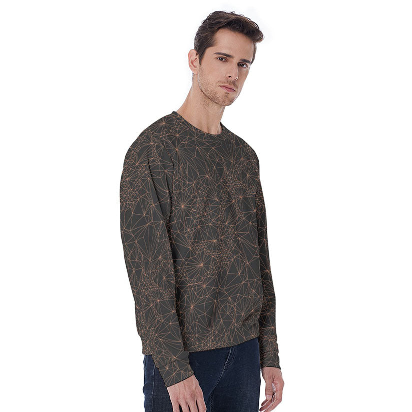 Side view of man wearing Dark gray men's sweatshirt with orange geometric lines