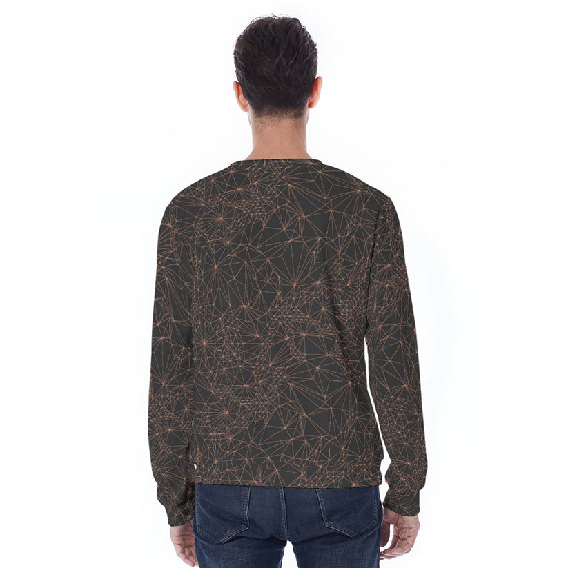 Back of man wearing Dark gray men's sweatshirt with orange geometric lines