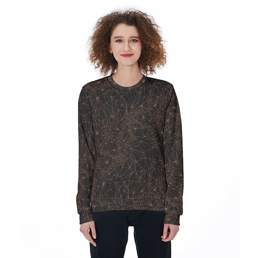 Woman wearing Tri-mesh Geometric sweatshirt with dark gray background and orange geometric lines on a white background